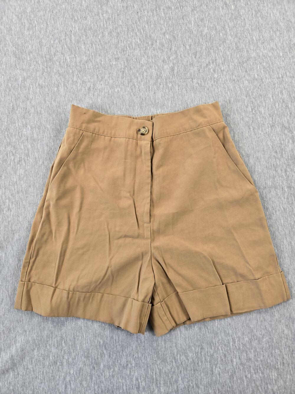 Zara Shorts Womens Small Tan High Rise Pleated Cuffed Khaki Casual Pockets
